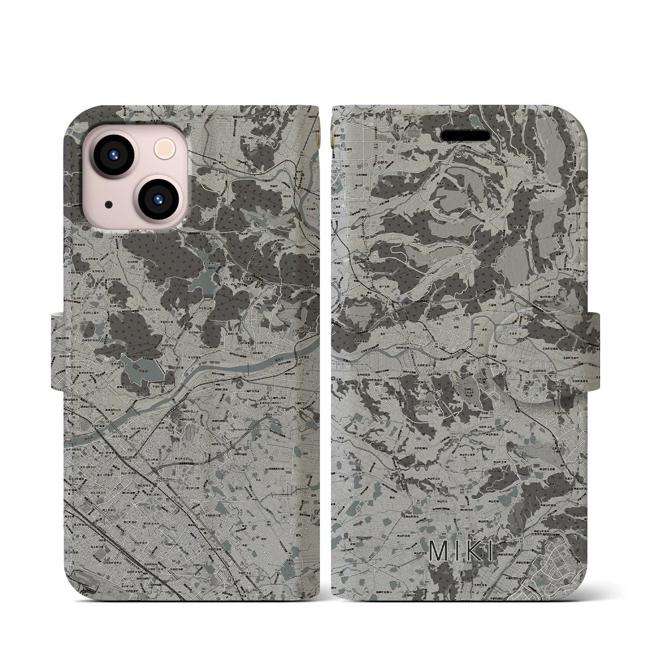 【三木(兵庫県)】地図柄iPhoneケース(手帳タイプ)モノトーン・iPhone 13 mini 用