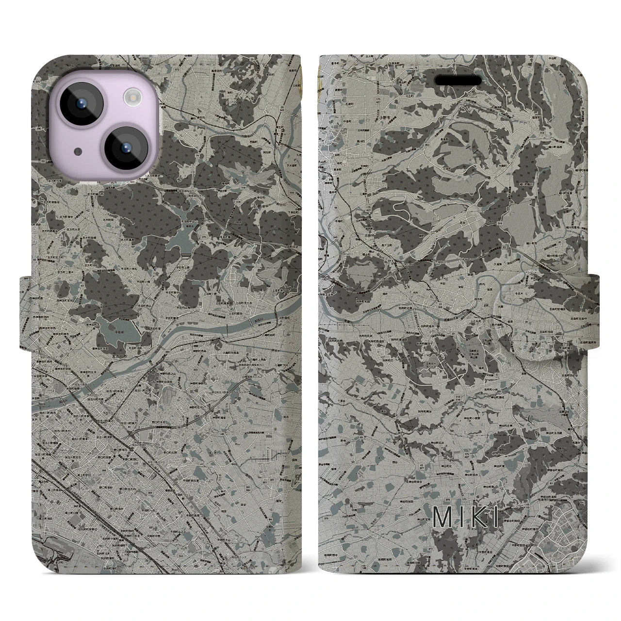 【三木(兵庫県)】地図柄iPhoneケース(手帳タイプ)モノトーン・iPhone 14 用