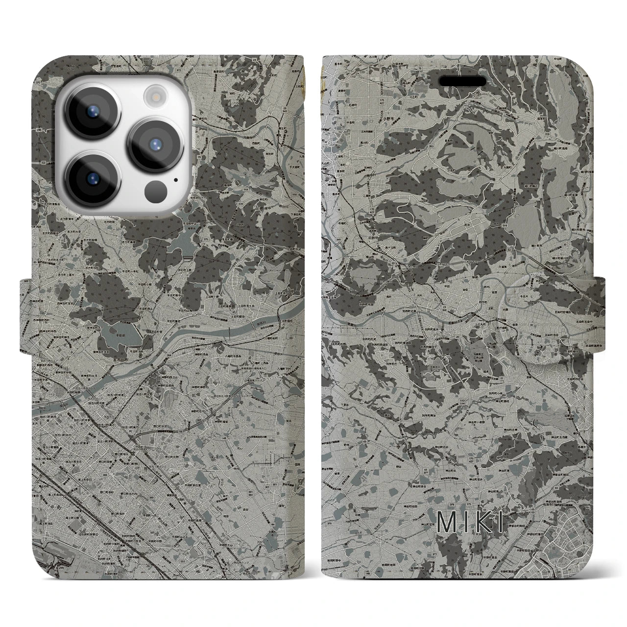 【三木(兵庫県)】地図柄iPhoneケース(手帳タイプ)モノトーン・iPhone 14 Pro 用