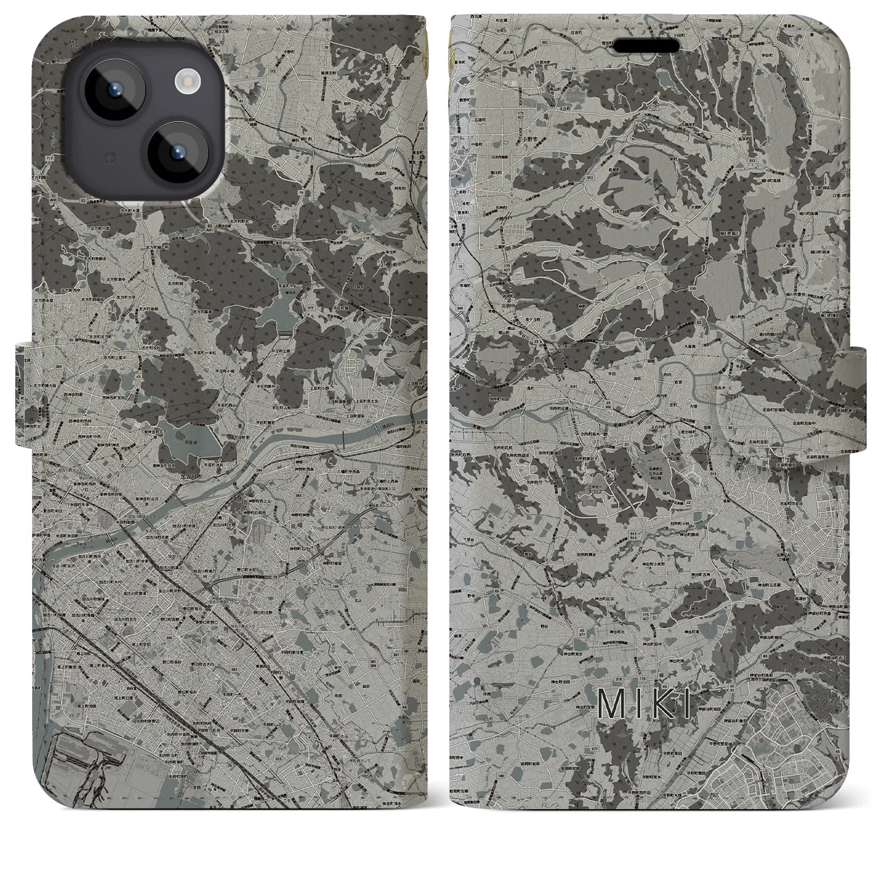 【三木(兵庫県)】地図柄iPhoneケース(手帳タイプ)モノトーン・iPhone 14 Plus 用