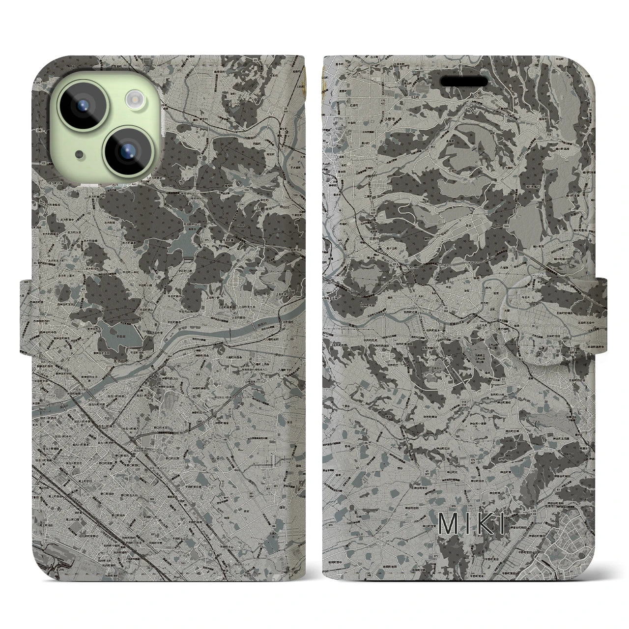 【三木(兵庫県)】地図柄iPhoneケース(手帳タイプ)モノトーン・iPhone 15 用