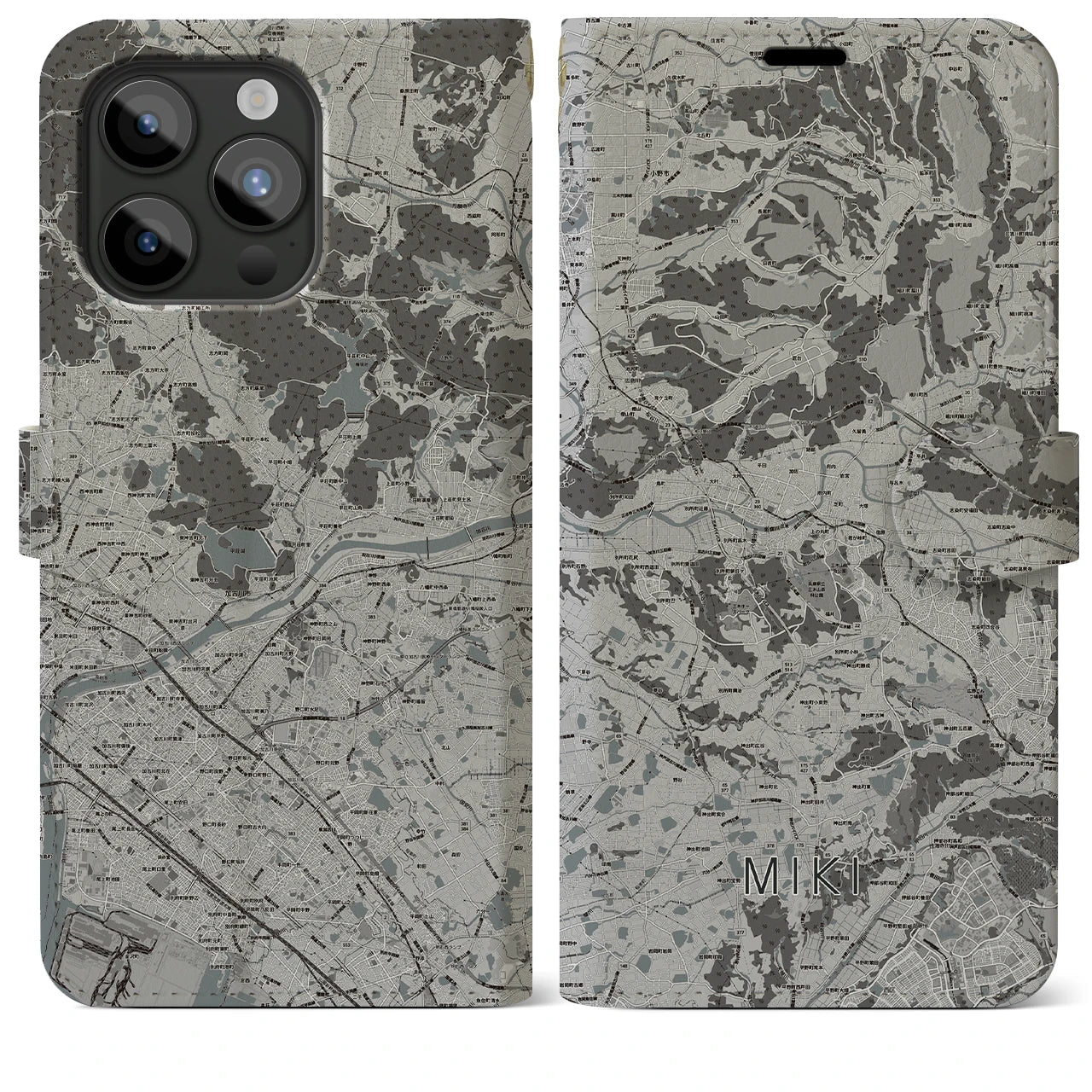 【三木(兵庫県)】地図柄iPhoneケース(手帳タイプ)モノトーン・iPhone 15 Pro Max 用