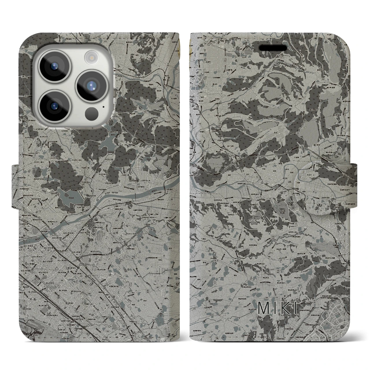 【三木(兵庫県)】地図柄iPhoneケース(手帳タイプ)モノトーン・iPhone 15 Pro 用