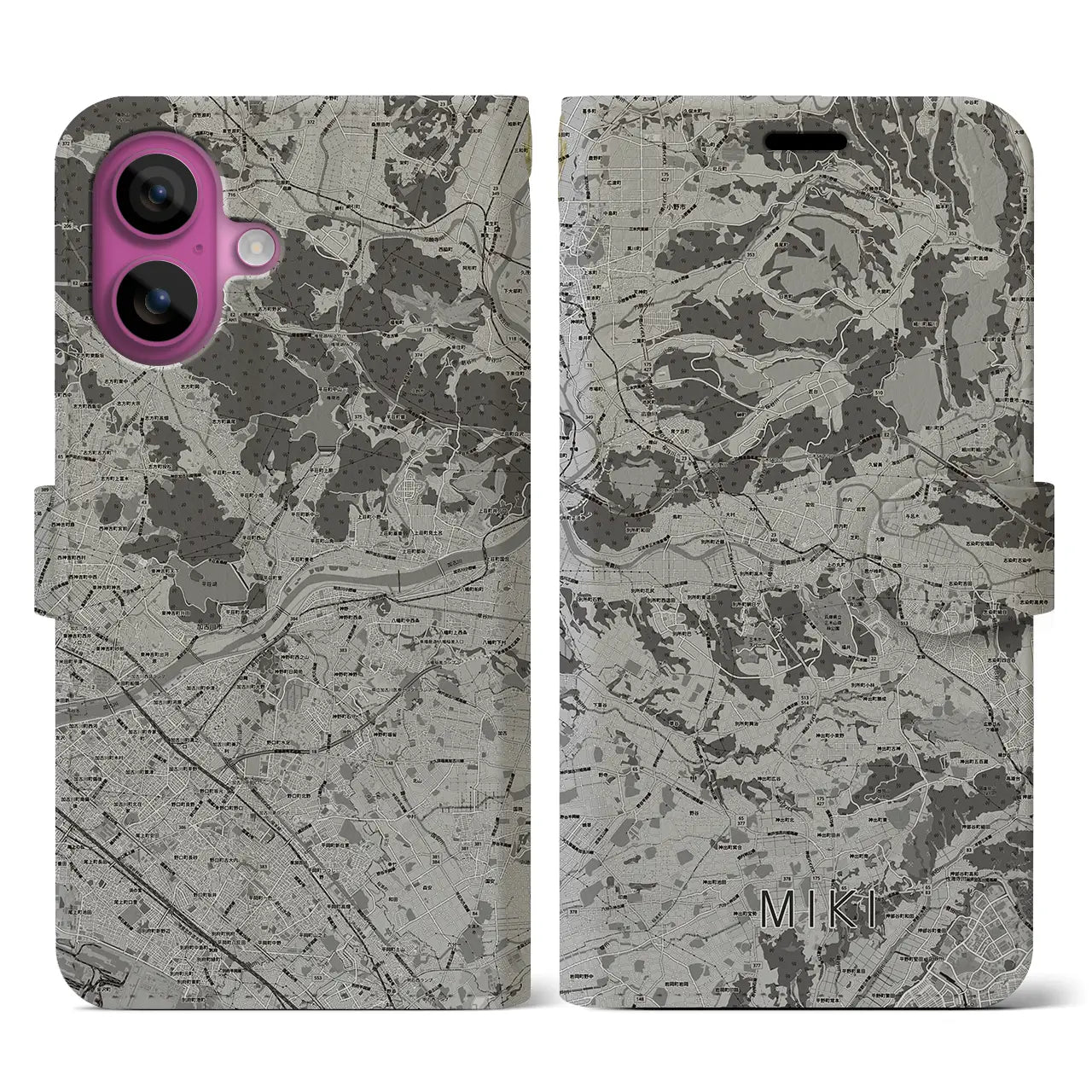 【三木(兵庫県)】地図柄iPhoneケース(手帳タイプ)モノトーン・iPhone 16 Pro 用
