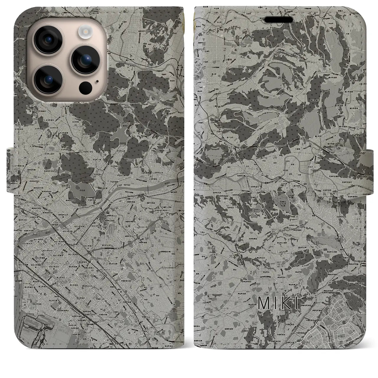 【三木(兵庫県)】地図柄iPhoneケース(手帳タイプ)モノトーン・iPhone 16 Plus 用