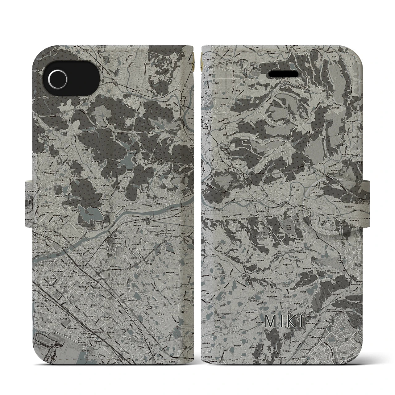 【三木(兵庫県)】地図柄iPhoneケース(手帳タイプ)モノトーン・iPhone SE(第3 / 第2世代) / 8 / 7 / 6s / 6 用