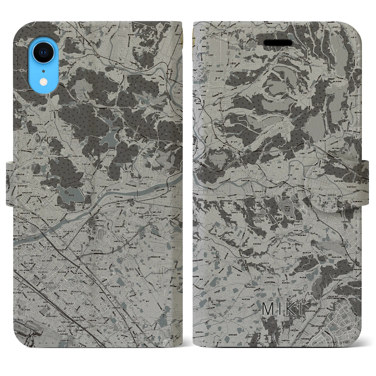 【三木(兵庫県)】地図柄iPhoneケース(手帳タイプ)モノトーン・iPhone XR 用
