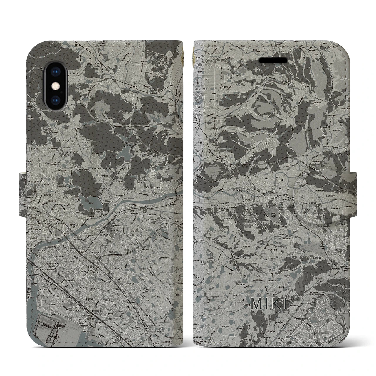 【三木(兵庫県)】地図柄iPhoneケース(手帳タイプ)モノトーン・iPhone XS / X 用