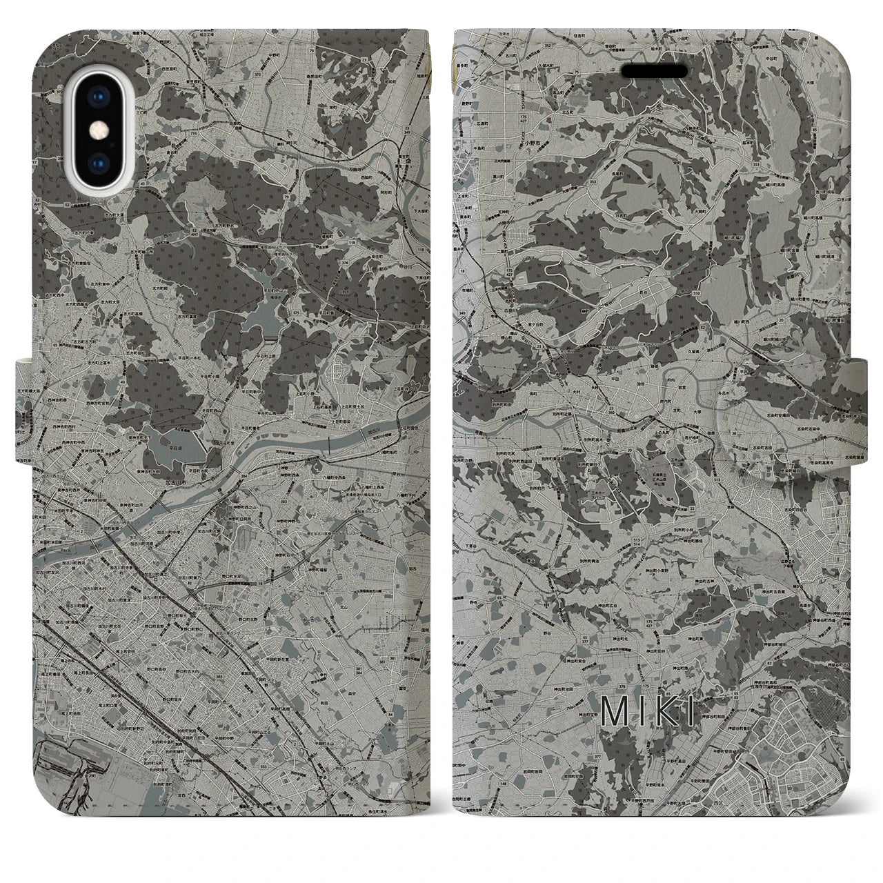 【三木(兵庫県)】地図柄iPhoneケース(手帳タイプ)モノトーン・iPhone XS Max 用