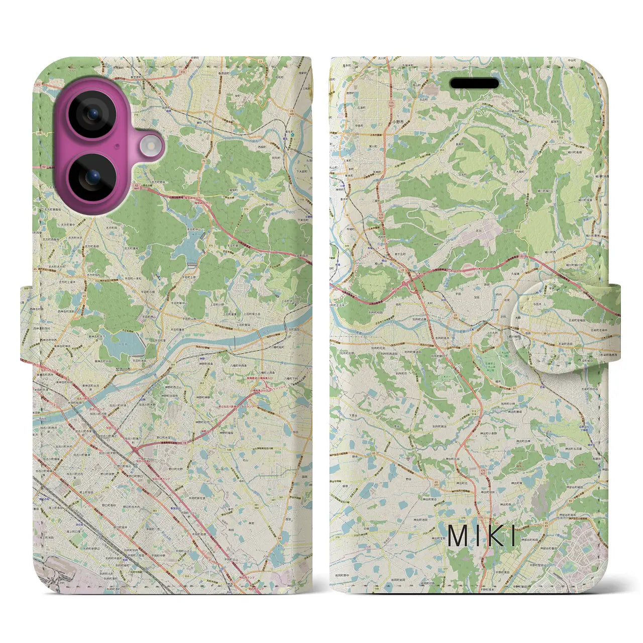 【三木(兵庫県)】地図柄iPhoneケース(手帳タイプ)ナチュラル・iPhone 16 Pro 用