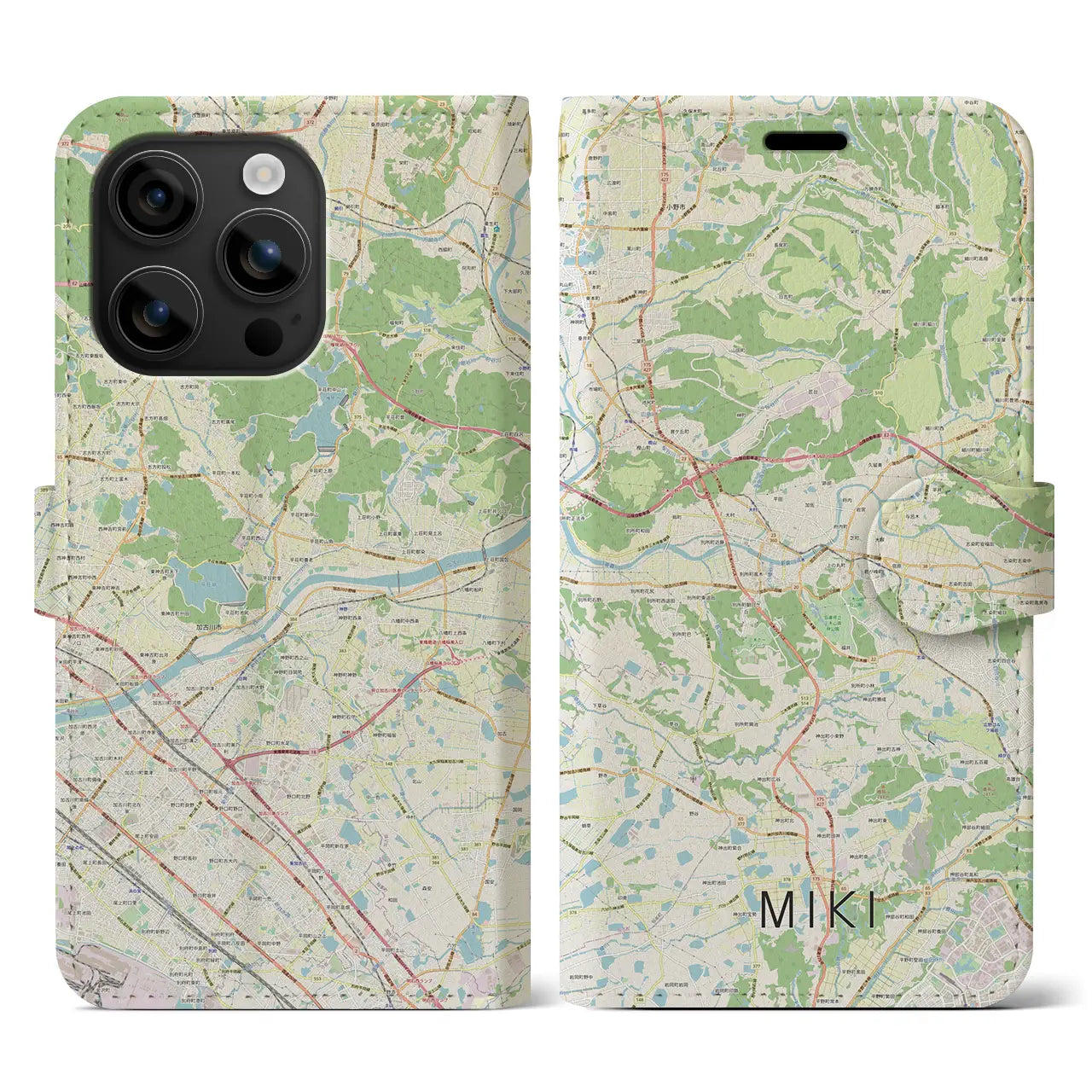 【三木(兵庫県)】地図柄iPhoneケース(手帳タイプ)ナチュラル・iPhone 16 用