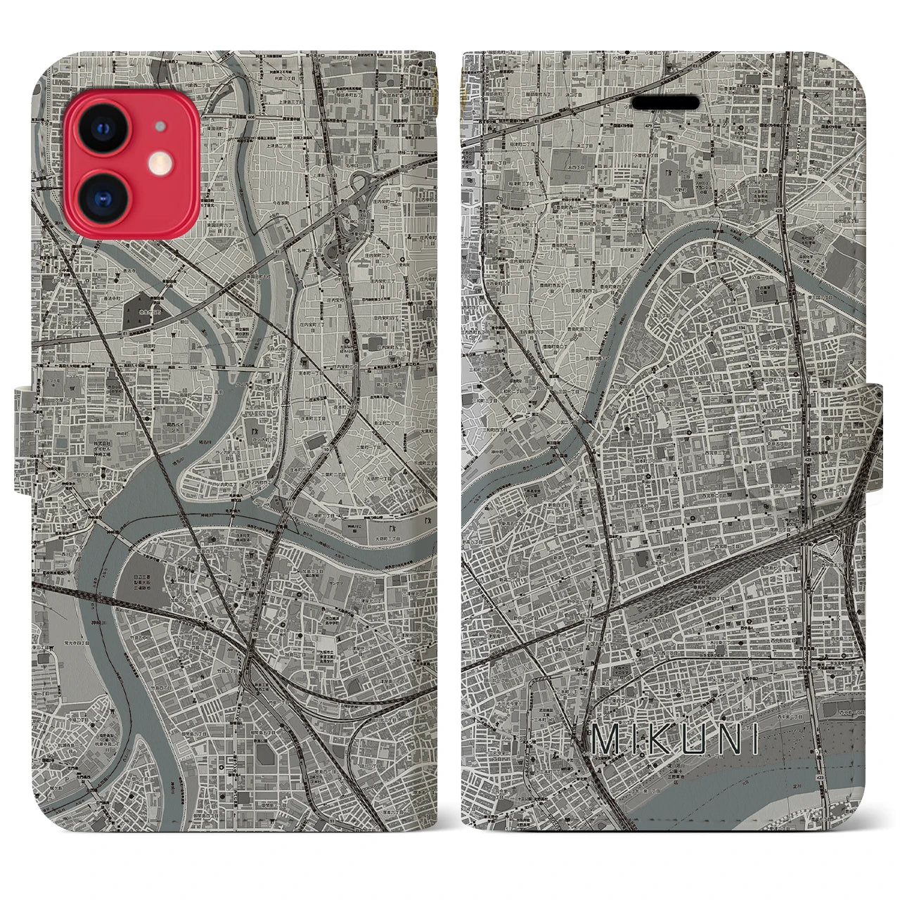 【三国(大阪府)】地図柄iPhoneケース(手帳タイプ)モノトーン・iPhone 11 用
