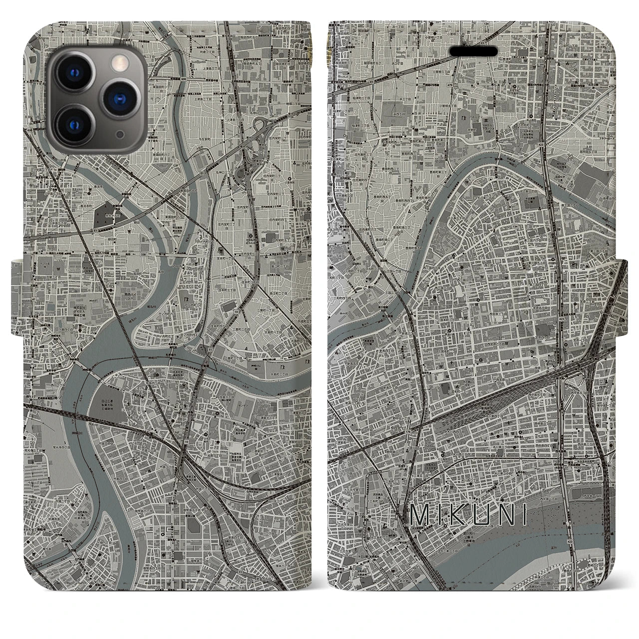 【三国(大阪府)】地図柄iPhoneケース(手帳タイプ)モノトーン・iPhone 11 Pro Max 用