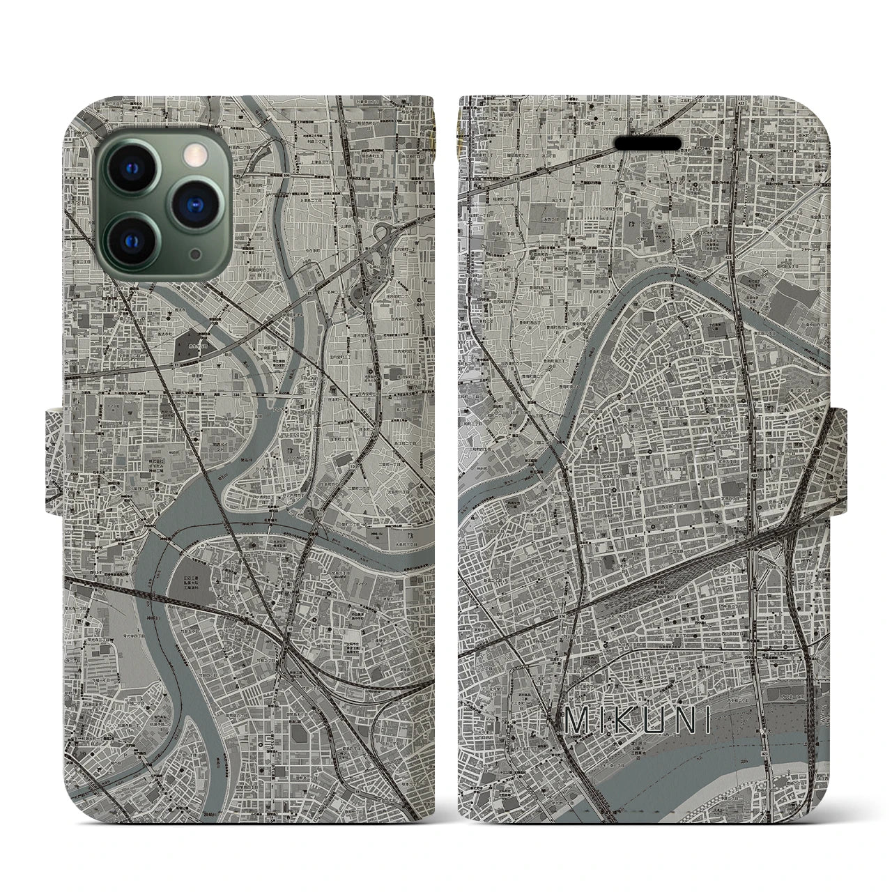 【三国(大阪府)】地図柄iPhoneケース(手帳タイプ)モノトーン・iPhone 11 Pro 用