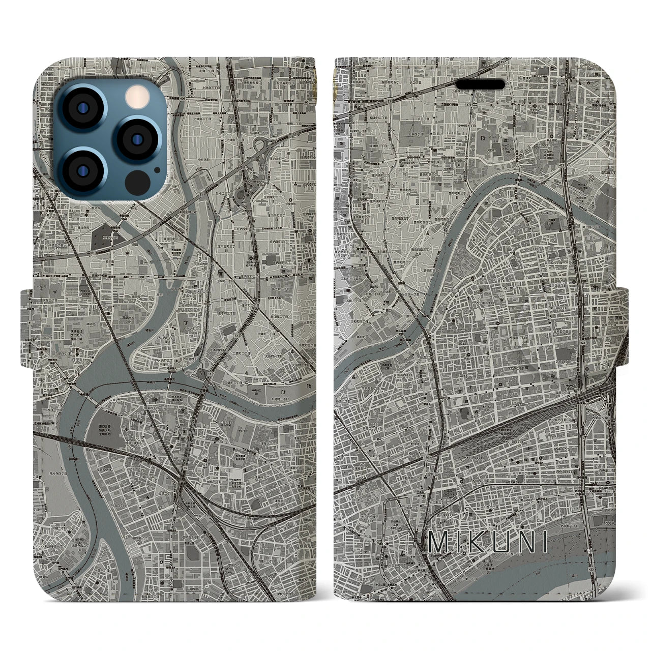 【三国(大阪府)】地図柄iPhoneケース(手帳タイプ)モノトーン・iPhone 12 / 12 Pro 用