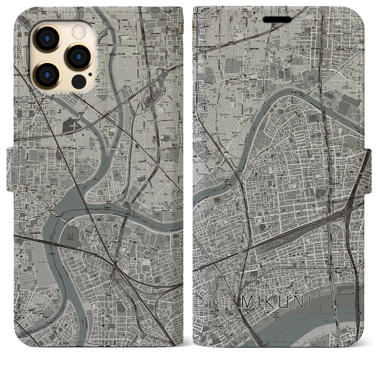【三国(大阪府)】地図柄iPhoneケース(手帳タイプ)モノトーン・iPhone 12 Pro Max 用