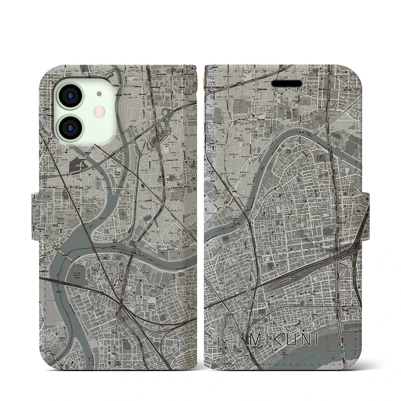 【三国(大阪府)】地図柄iPhoneケース(手帳タイプ)モノトーン・iPhone 12 mini 用