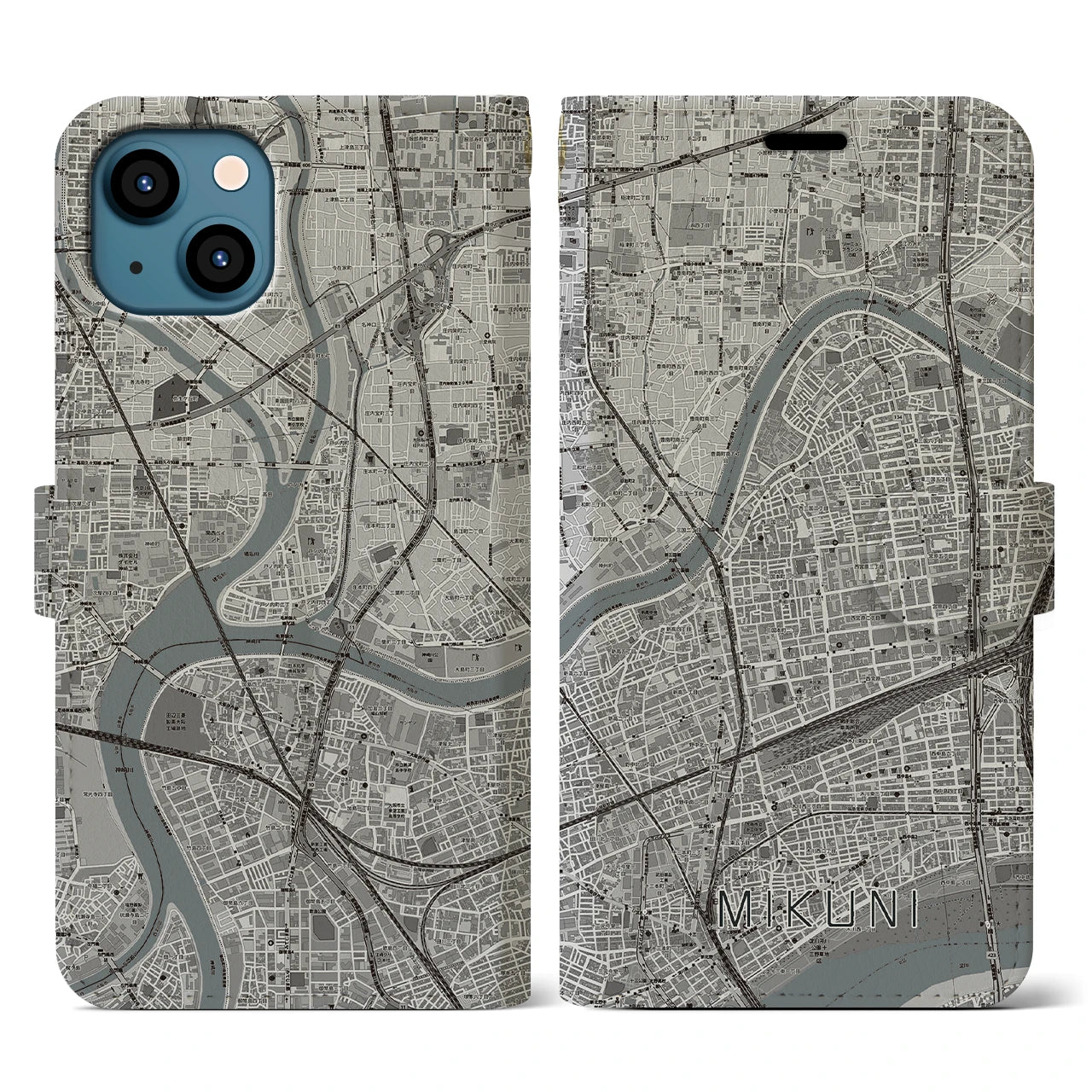 【三国(大阪府)】地図柄iPhoneケース(手帳タイプ)モノトーン・iPhone 13 用