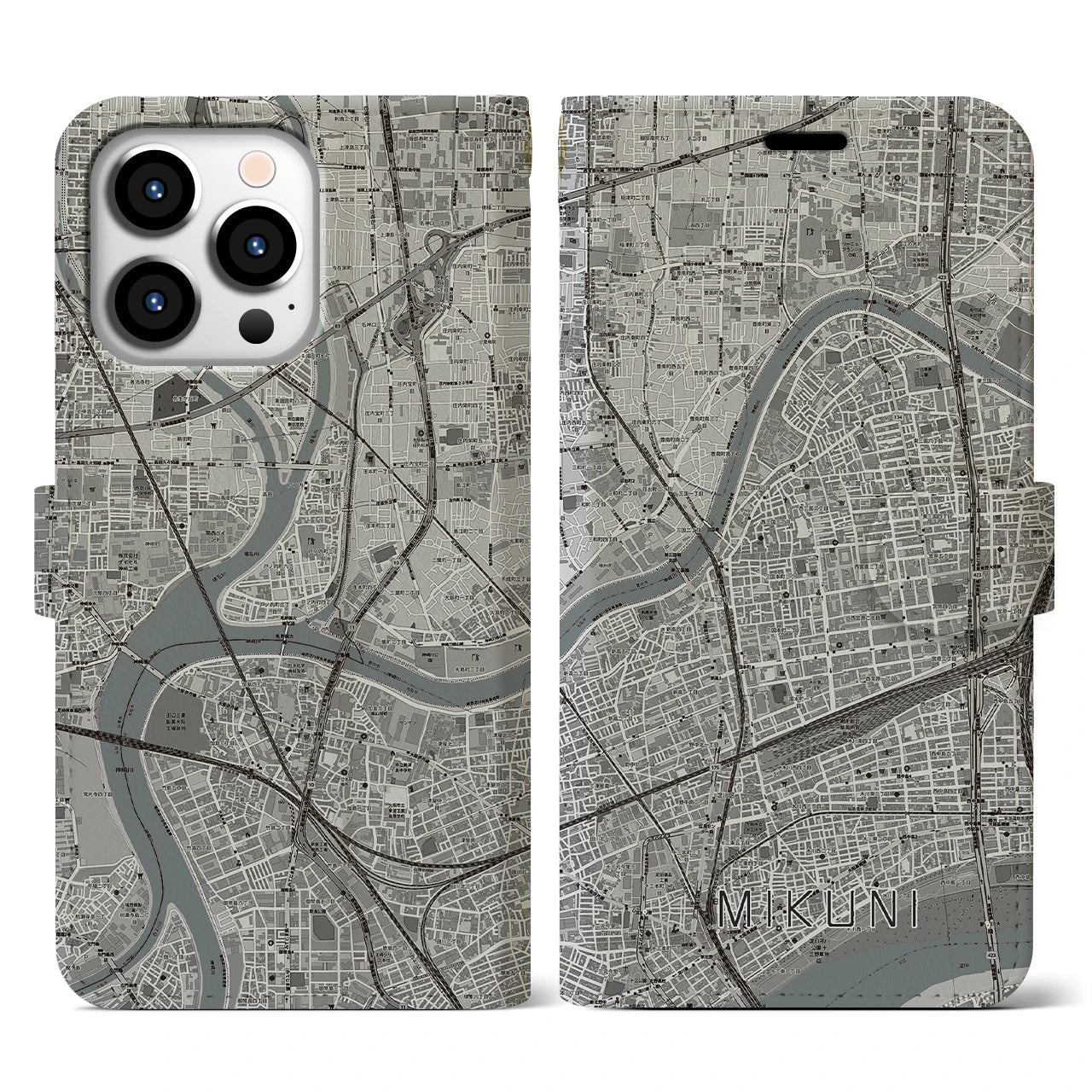 【三国(大阪府)】地図柄iPhoneケース(手帳タイプ)モノトーン・iPhone 13 Pro 用