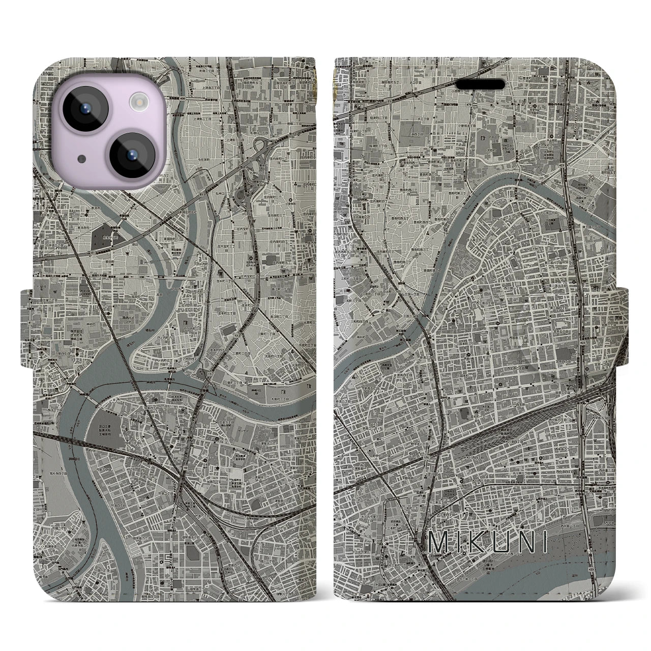 【三国(大阪府)】地図柄iPhoneケース(手帳タイプ)モノトーン・iPhone 14 用