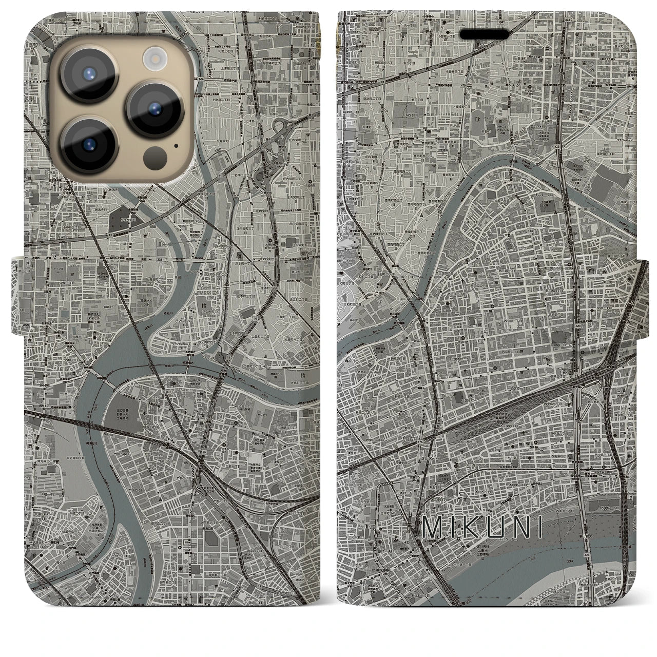 【三国(大阪府)】地図柄iPhoneケース(手帳タイプ)モノトーン・iPhone 14 Pro Max 用