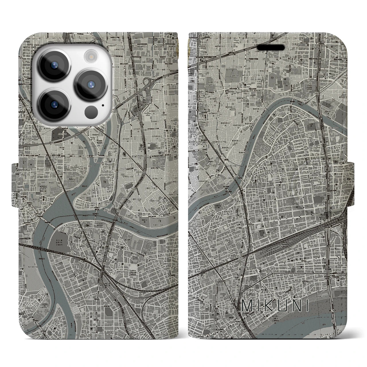 【三国(大阪府)】地図柄iPhoneケース(手帳タイプ)モノトーン・iPhone 14 Pro 用