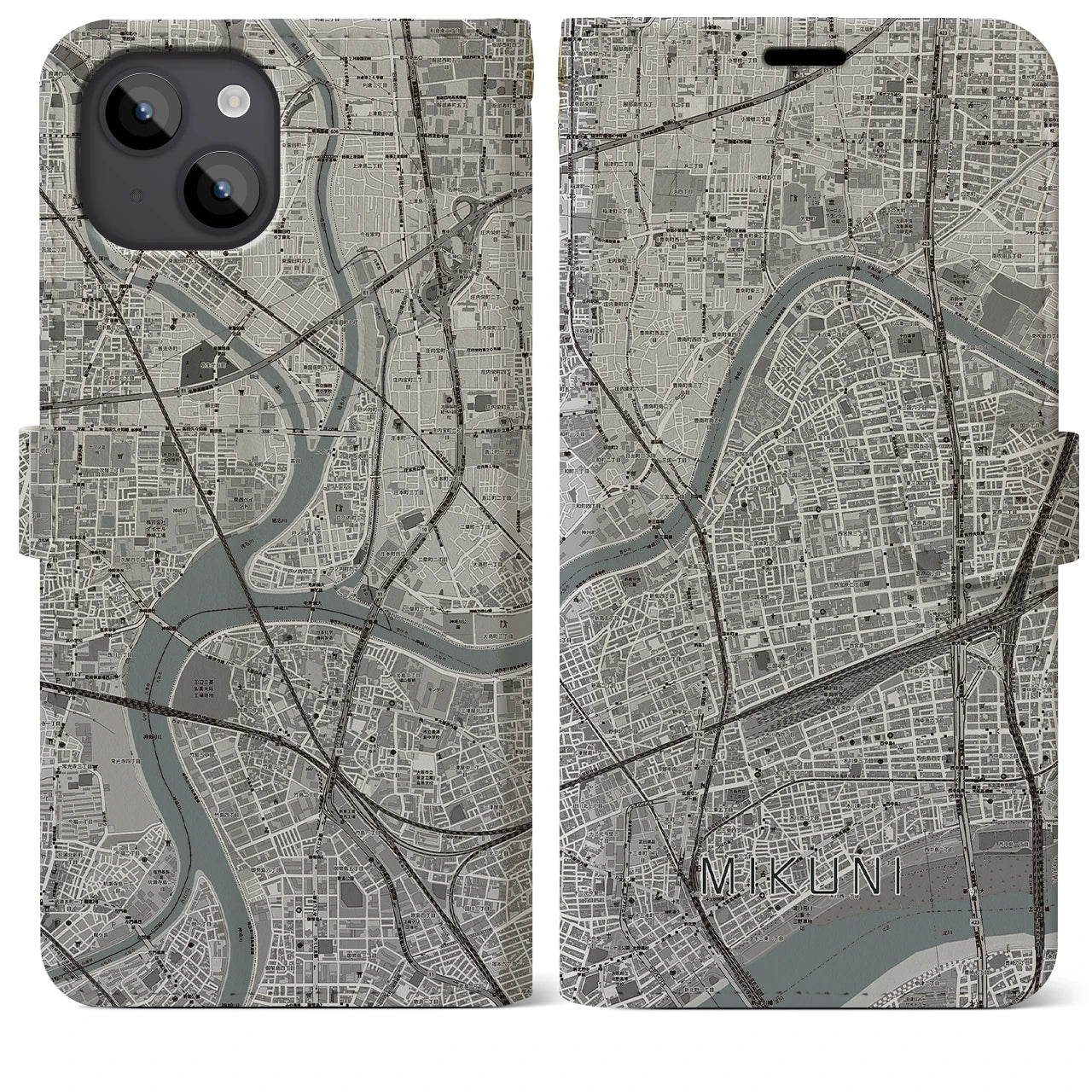 【三国(大阪府)】地図柄iPhoneケース(手帳タイプ)モノトーン・iPhone 14 Plus 用