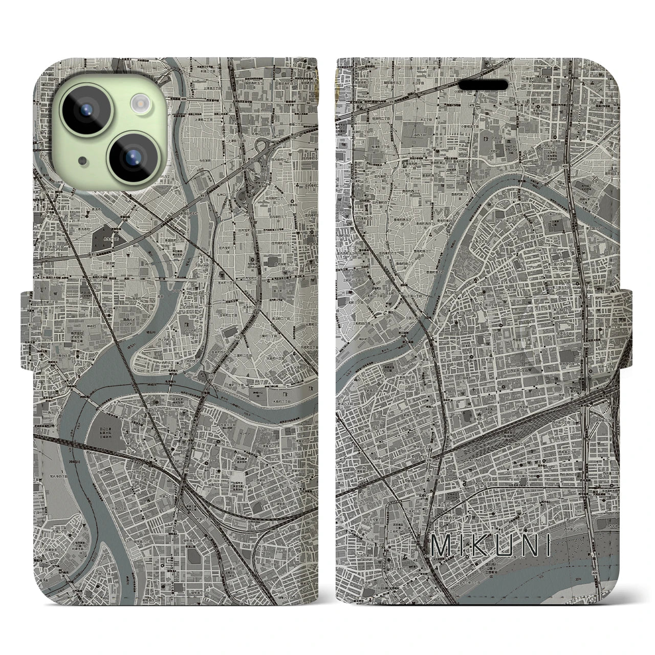 【三国(大阪府)】地図柄iPhoneケース(手帳タイプ)モノトーン・iPhone 15 用
