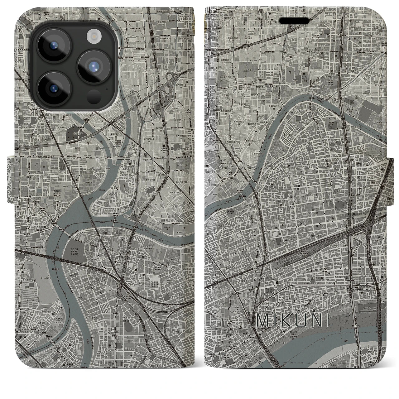 【三国(大阪府)】地図柄iPhoneケース(手帳タイプ)モノトーン・iPhone 15 Pro Max 用