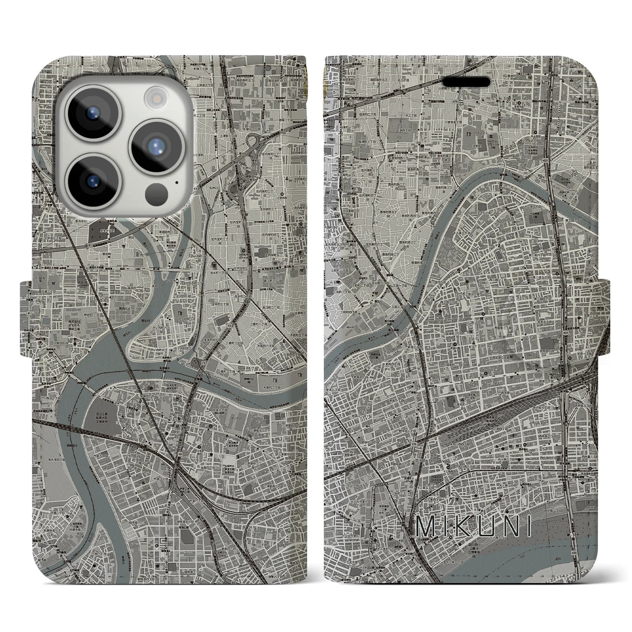 【三国(大阪府)】地図柄iPhoneケース(手帳タイプ)モノトーン・iPhone 15 Pro 用