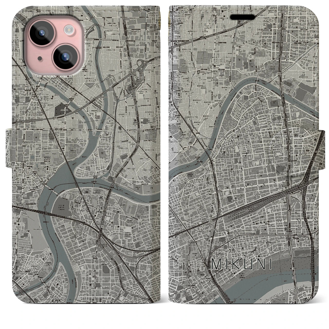 【三国(大阪府)】地図柄iPhoneケース(手帳タイプ)モノトーン・iPhone 15 Plus 用