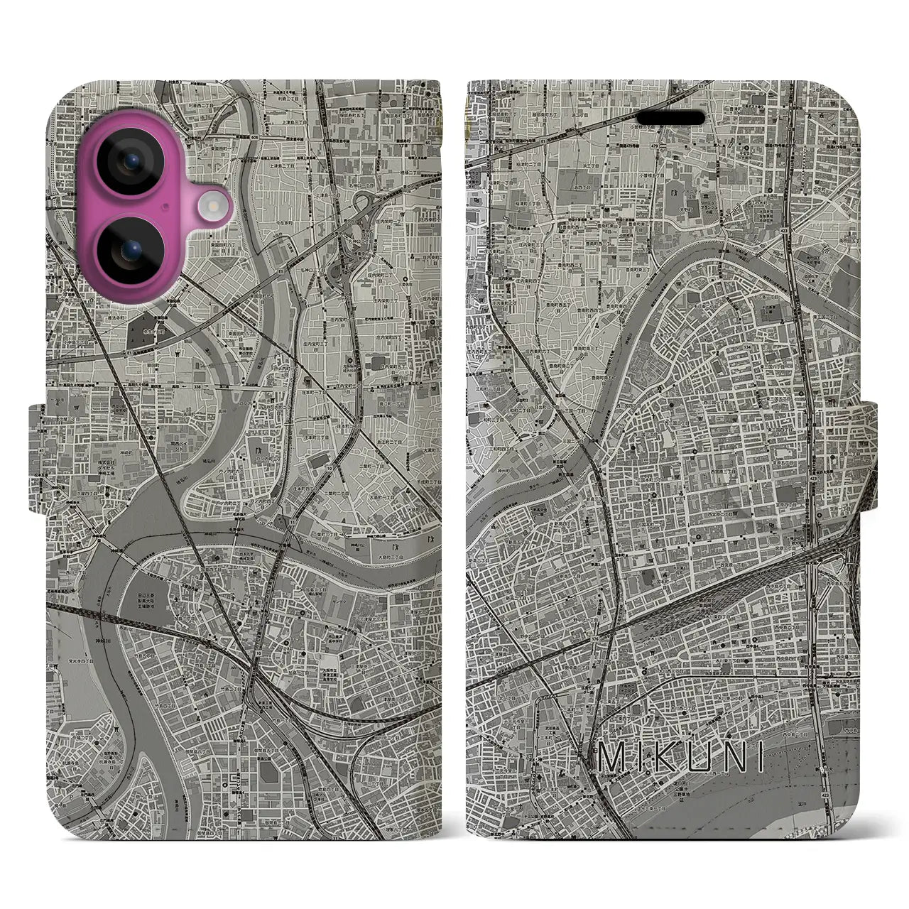 【三国(大阪府)】地図柄iPhoneケース(手帳タイプ)モノトーン・iPhone 16 Pro 用