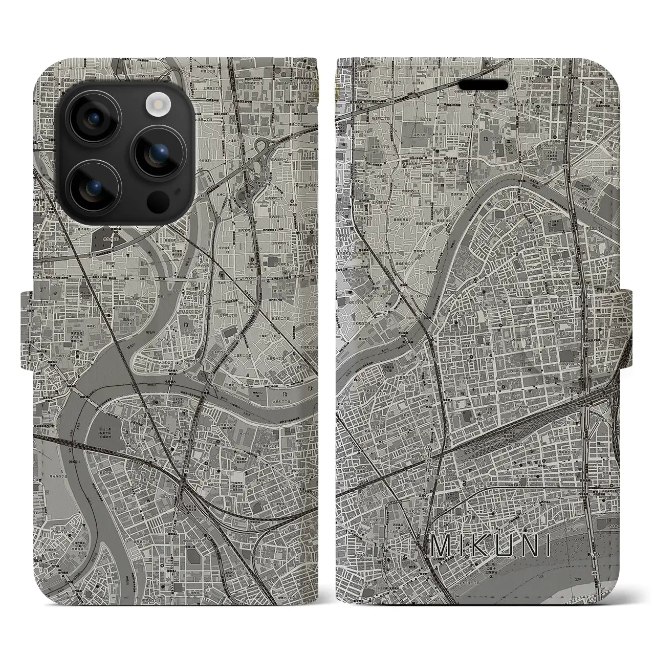 【三国(大阪府)】地図柄iPhoneケース(手帳タイプ)モノトーン・iPhone 16 用