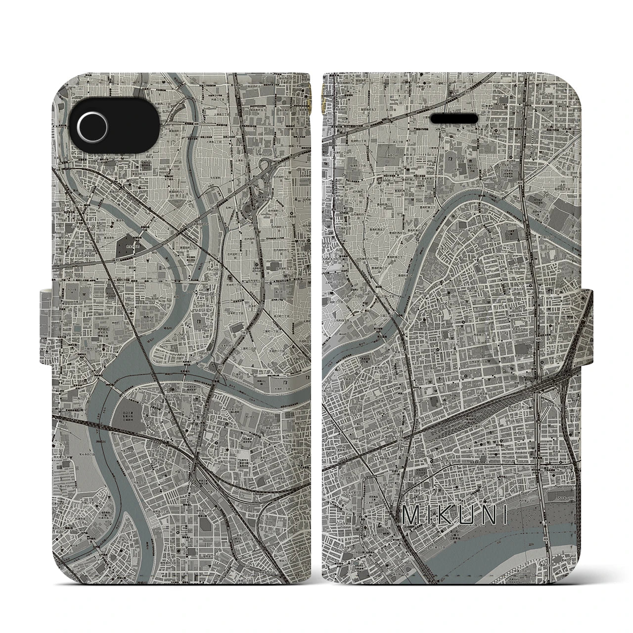 【三国(大阪府)】地図柄iPhoneケース(手帳タイプ)モノトーン・iPhone SE(第3 / 第2世代) / 8 / 7 / 6s / 6 用