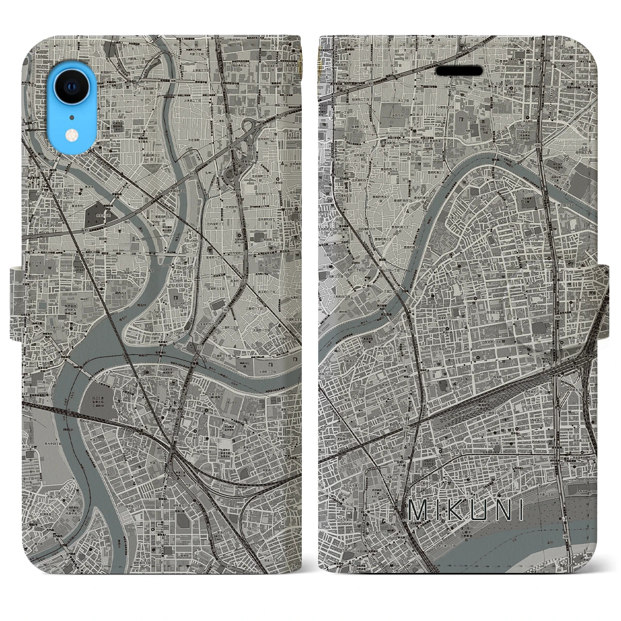 【三国(大阪府)】地図柄iPhoneケース(手帳タイプ)モノトーン・iPhone XR 用