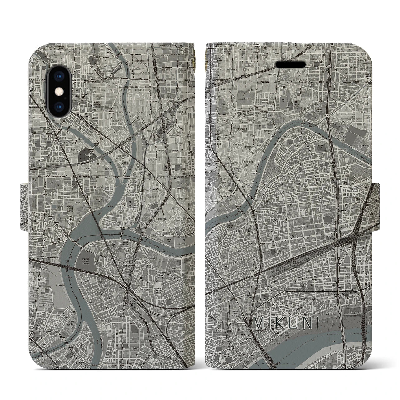 【三国(大阪府)】地図柄iPhoneケース(手帳タイプ)モノトーン・iPhone XS / X 用