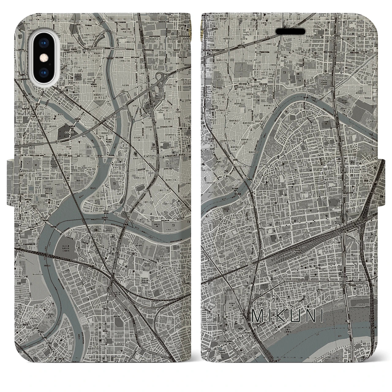 【三国(大阪府)】地図柄iPhoneケース(手帳タイプ)モノトーン・iPhone XS Max 用