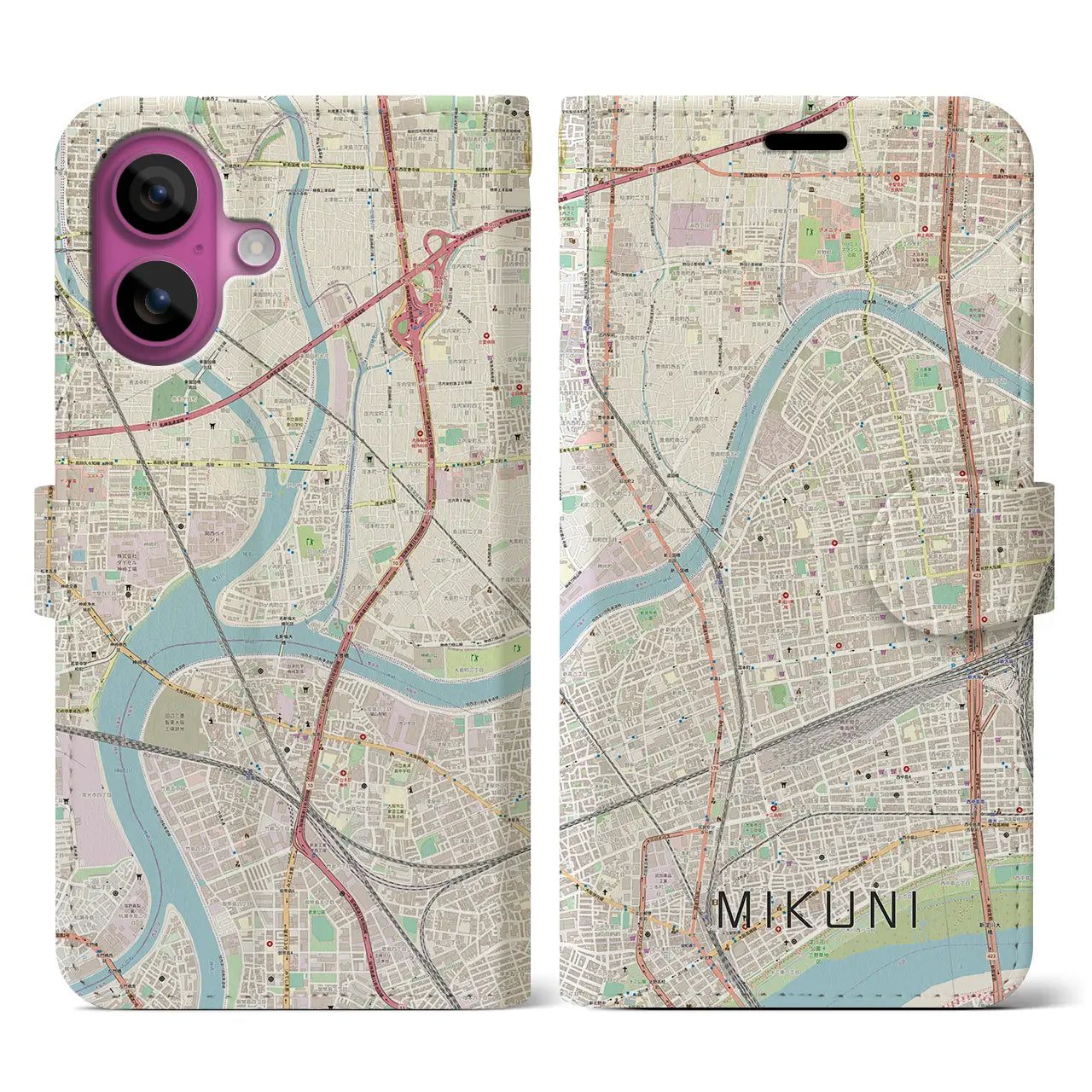 【三国(大阪府)】地図柄iPhoneケース(手帳タイプ)ナチュラル・iPhone 16 Pro 用