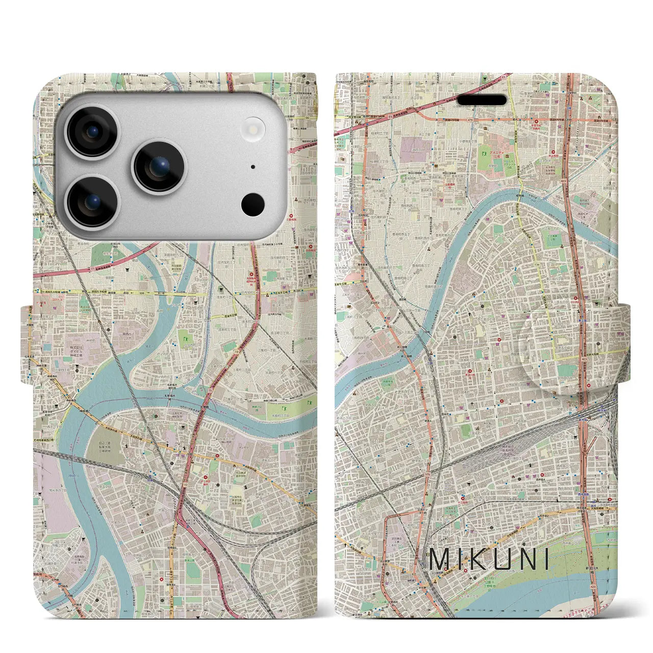 【三国(大阪府)】地図柄iPhoneケース(手帳タイプ)モノトーン・iPhone 17 Pro Max 用