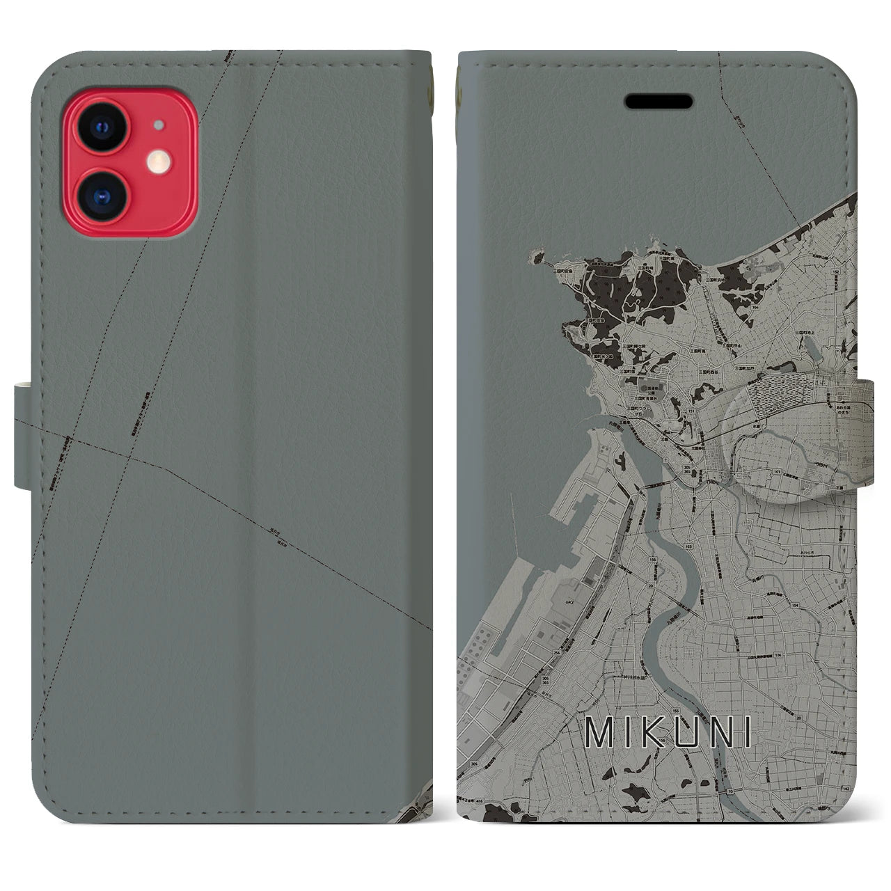 【三国(福井県)】地図柄iPhoneケース(手帳タイプ)モノトーン・iPhone 11 用