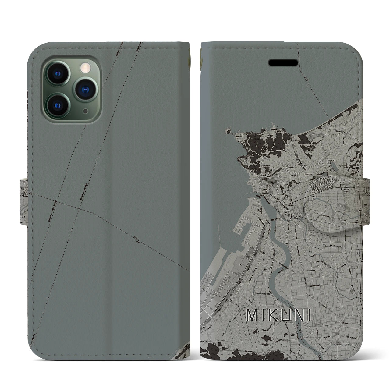 【三国(福井県)】地図柄iPhoneケース(手帳タイプ)モノトーン・iPhone 11 Pro 用