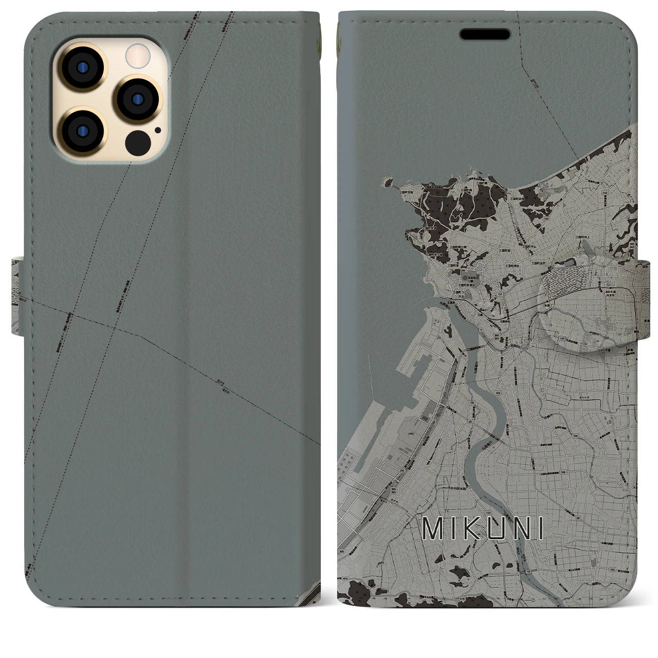 【三国(福井県)】地図柄iPhoneケース(手帳タイプ)モノトーン・iPhone 12 Pro Max 用