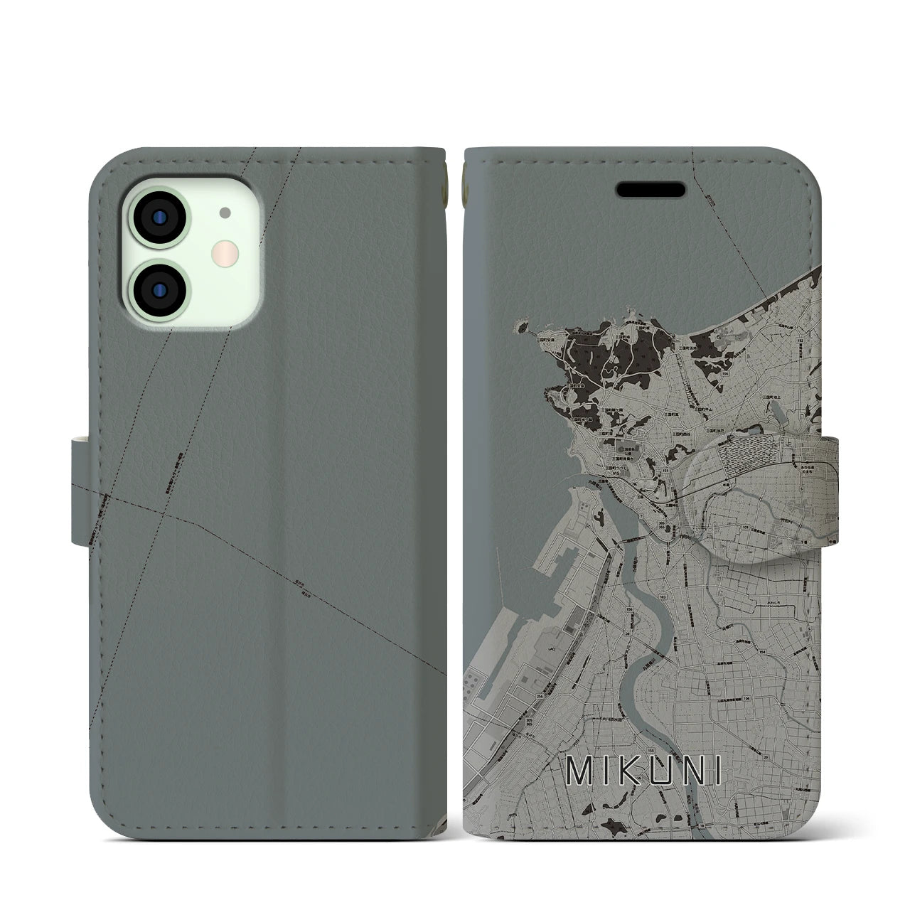 【三国(福井県)】地図柄iPhoneケース(手帳タイプ)モノトーン・iPhone 12 mini 用