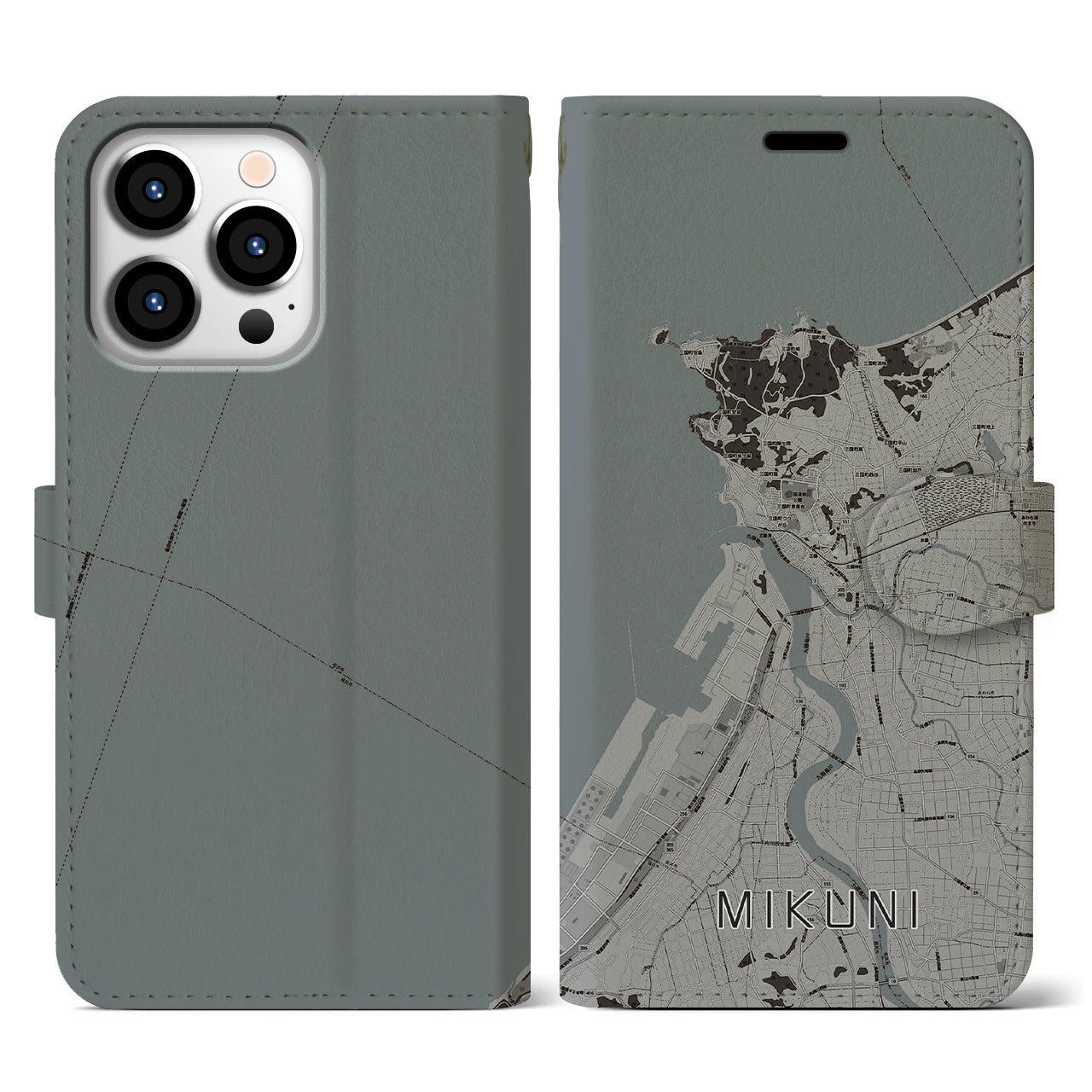 【三国(福井県)】地図柄iPhoneケース(手帳タイプ)モノトーン・iPhone 13 Pro 用