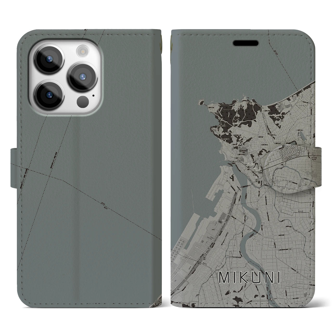 【三国(福井県)】地図柄iPhoneケース(手帳タイプ)モノトーン・iPhone 14 Pro 用