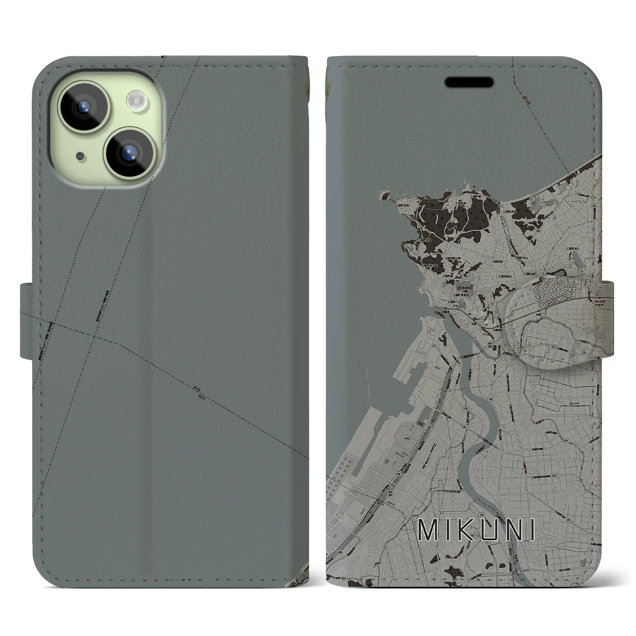 【三国(福井県)】地図柄iPhoneケース(手帳タイプ)モノトーン・iPhone 15 用