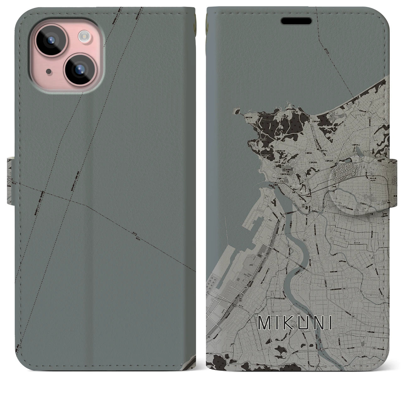 【三国(福井県)】地図柄iPhoneケース(手帳タイプ)モノトーン・iPhone 15 Plus 用