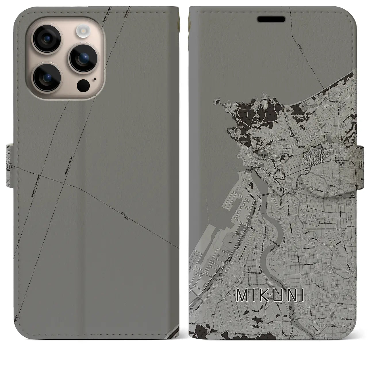 【三国(福井県)】地図柄iPhoneケース(手帳タイプ)モノトーン・iPhone 16 Plus 用