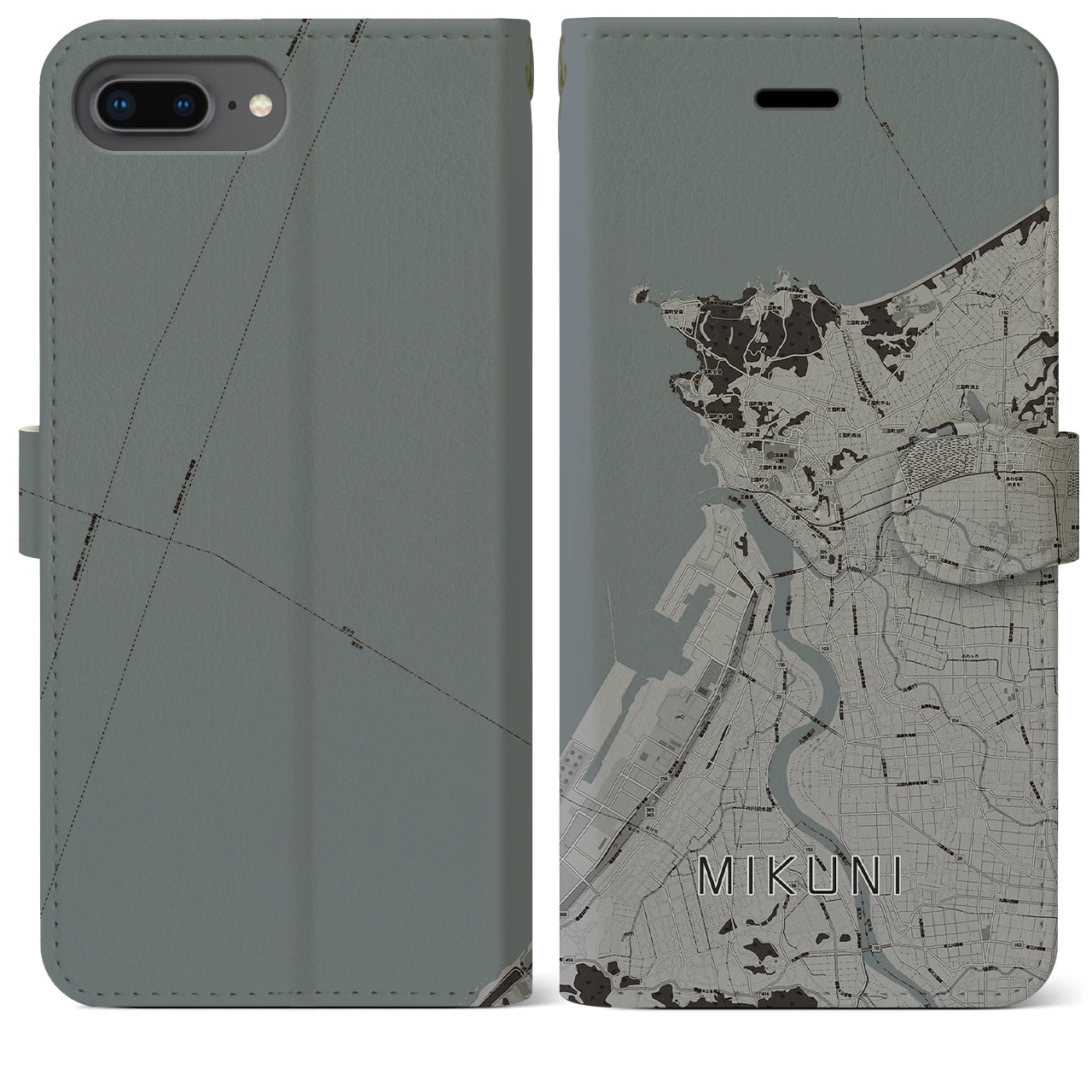 【三国(福井県)】地図柄iPhoneケース(手帳タイプ)モノトーン・iPhone 8Plus /7Plus / 6sPlus / 6Plus 用