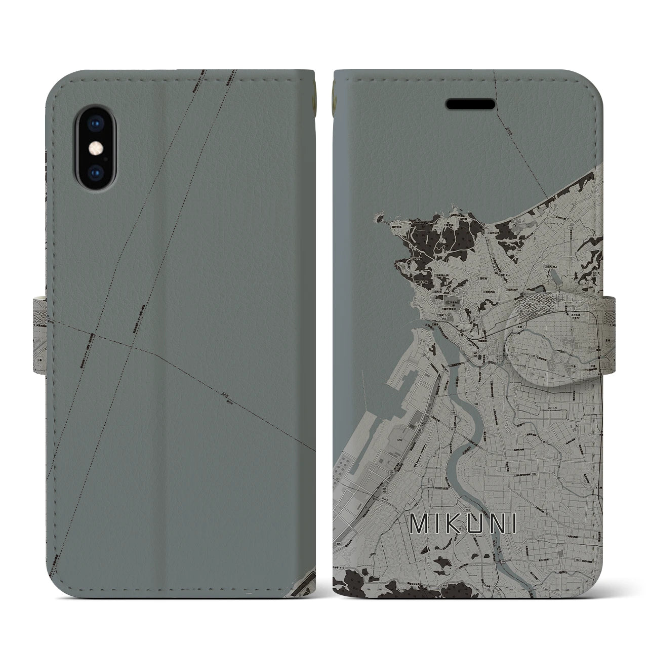 【三国(福井県)】地図柄iPhoneケース(手帳タイプ)モノトーン・iPhone XS / X 用